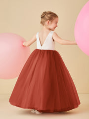 Robe de Demoiselle d'Honneur en Satin avec Dos en V et Jupe en Tulle Longueur Sol Rouille