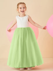 Robe de Demoiselle d'Honneur en Satin avec Dos en V et Jupe en Tulle Longueur Sol Sauge