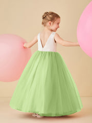 Robe de Demoiselle d'Honneur en Satin avec Dos en V et Jupe en Tulle Longueur Sol Sauge