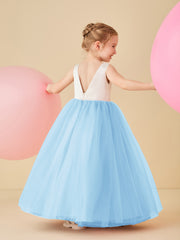 Robe de Demoiselle d'Honneur en Satin avec Dos en V et Jupe en Tulle Longueur Sol Bleu Ciel