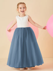 Robe de Demoiselle d'Honneur en Satin avec Dos en V et Jupe en Tulle Longueur Sol Bleu de Schiste