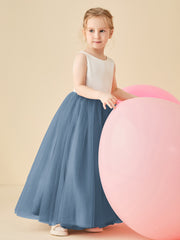 Robe de Demoiselle d'Honneur en Satin avec Dos en V et Jupe en Tulle Longueur Sol Bleu de Schiste