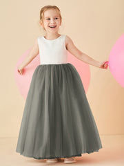 Robe de Demoiselle d'Honneur en Satin avec Dos en V et Jupe en Tulle Longueur Sol Gris Acier