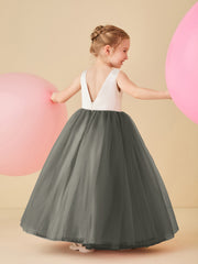 Robe de Demoiselle d'Honneur en Satin avec Dos en V et Jupe en Tulle Longueur Sol Gris Acier