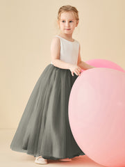 Robe de Demoiselle d'Honneur en Satin avec Dos en V et Jupe en Tulle Longueur Sol Gris Acier