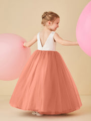 Robe de Demoiselle d'Honneur en Satin avec Dos en V et Jupe en Tulle Longueur Sol Sunset
