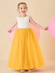Robe de Demoiselle d'Honneur en Satin avec Dos en V et Jupe en Tulle Longueur Sol Mandarine