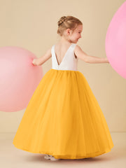 Robe de Demoiselle d'Honneur en Satin avec Dos en V et Jupe en Tulle Longueur Sol Mandarine