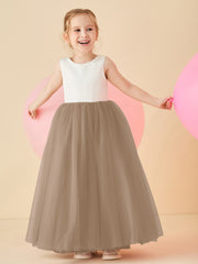 Robe de Demoiselle d'Honneur en Satin avec Dos en V et Jupe en Tulle Longueur Sol Taupe