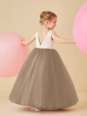 Robe de Demoiselle d'Honneur en Satin avec Dos en V et Jupe en Tulle Longueur Sol Taupe