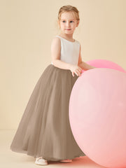 Robe de Demoiselle d'Honneur en Satin avec Dos en V et Jupe en Tulle Longueur Sol Taupe