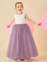Robe de Demoiselle d'Honneur en Satin avec Dos en V et Jupe en Tulle Longueur Sol Glycine