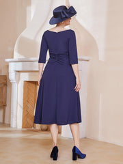 Robe Plissée de A-ligne à Col en V Longueur de Mollet en Mousseline Bleu Marine