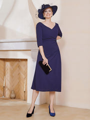Robe Plissée de A-ligne à Col en V Longueur de Mollet en Mousseline Bleu Marine