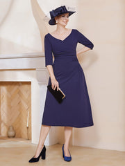 Robe Plissée de A-ligne à Col en V Longueur de Mollet en Mousseline Bleu Marine