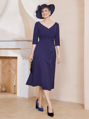 Robe Plissée de A-ligne à Col en V Longueur de Mollet en Mousseline Bleu Marine