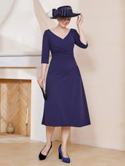 Robe Plissée de A-ligne à Col en V Longueur de Mollet en Mousseline Bleu Marine