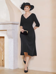 Robe Plissée de A-ligne à Col en V Longueur de Mollet en Mousseline Noir