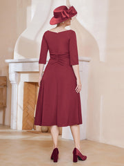 Robe Plissée de A-ligne à Col en V Longueur de Mollet en Mousseline Bordeaux