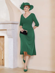 Robe Plissée de A-ligne à Col en V Longueur de Mollet en Mousseline Vert Foncé Grande Taille