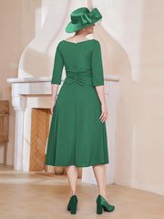 Robe Plissée de A-ligne à Col en V Longueur de Mollet en Mousseline Vert Foncé