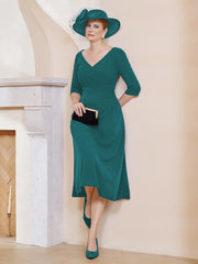 Robe Plissée de A-ligne à Col en V Longueur de Mollet en Mousseline Paon