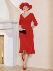 Robe Plissée de A-ligne à Col en V Longueur de Mollet en Mousseline Rouge