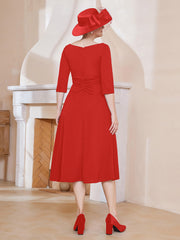 Robe Plissée de A-ligne à Col en V Longueur de Mollet en Mousseline Rouge