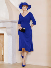 Robe Plissée de A-ligne à Col en V Longueur de Mollet en Mousseline Bleu Royale Grande Taille