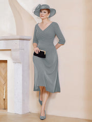 Robe Plissée de A-ligne à Col en V Longueur de Mollet en Mousseline Gris Acier Grande Taille