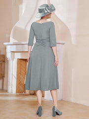 Robe Plissée de A-ligne à Col en V Longueur de Mollet en Mousseline Gris Acier