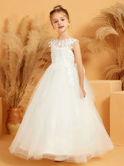 Robe de Fille Appliquée Ball-Gown/Princesse à Col en Illusion