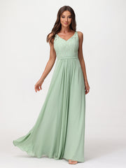 Robe Longue Jupe en Mousseline avec Corsage en Dentelle Sauge Poudrée Grande Taille