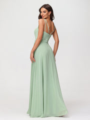 Robe Longue Jupe en Mousseline avec Corsage en Dentelle Sauge Poudrée Grande Taille