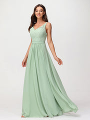 Robe Longue Jupe en Mousseline avec Corsage en Dentelle Sauge Poudrée Grande Taille