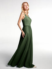 Robe Longue Jupe en Mousseline avec Corsage en Dentelle Olive Verte