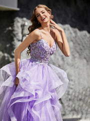 Robe de Soirée Princesse en Tulle à Bretelles Spaghetti Longueur au Sol Champagne