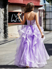 Robe de Soirée Princesse en Tulle à Bretelles Spaghetti Longueur au Sol Noir Grande Taille