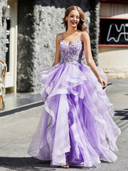 Robe de Soirée Princesse en Tulle à Bretelles Spaghetti Longueur au Sol Lilas