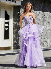 Robe de Soirée Princesse en Tulle à Bretelles Spaghetti Longueur au Sol Champagne Grande Taille