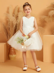 Robe de Fille à Col en V et Longueur aux Genoux avec Nœud