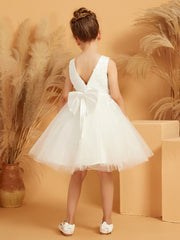 Robe de Fille à Col en V et Longueur aux Genoux avec Nœud