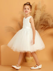 Robe de Fille à Col en V et Longueur aux Genoux avec Nœud