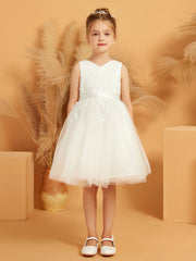 Robe de Fille à Col en V et Longueur aux Genoux avec Nœud
