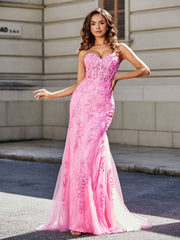 Robe de Soirée Sirène/Trompette avec Traîne Balayage en Dentelle Tulle Rose