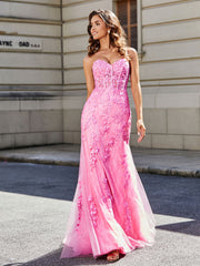 Robe de Soirée Sirène/Trompette avec Traîne Balayage en Dentelle Tulle Rose