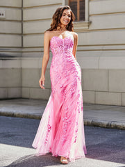 Robe de Soirée Sirène/Trompette avec Traîne Balayage en Dentelle Tulle Rose