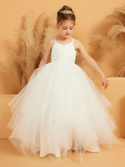 Robe de Fille Ball Gown à Bretelles Spaghetti avec Appliques en Dentelle