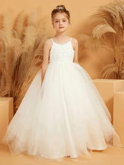 Robe de Fille Ball Gown à Bretelles Spaghetti avec Appliques en Dentelle