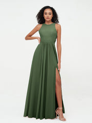 Robes Longues Princesse en Mousseline avec Fente Olive Verte